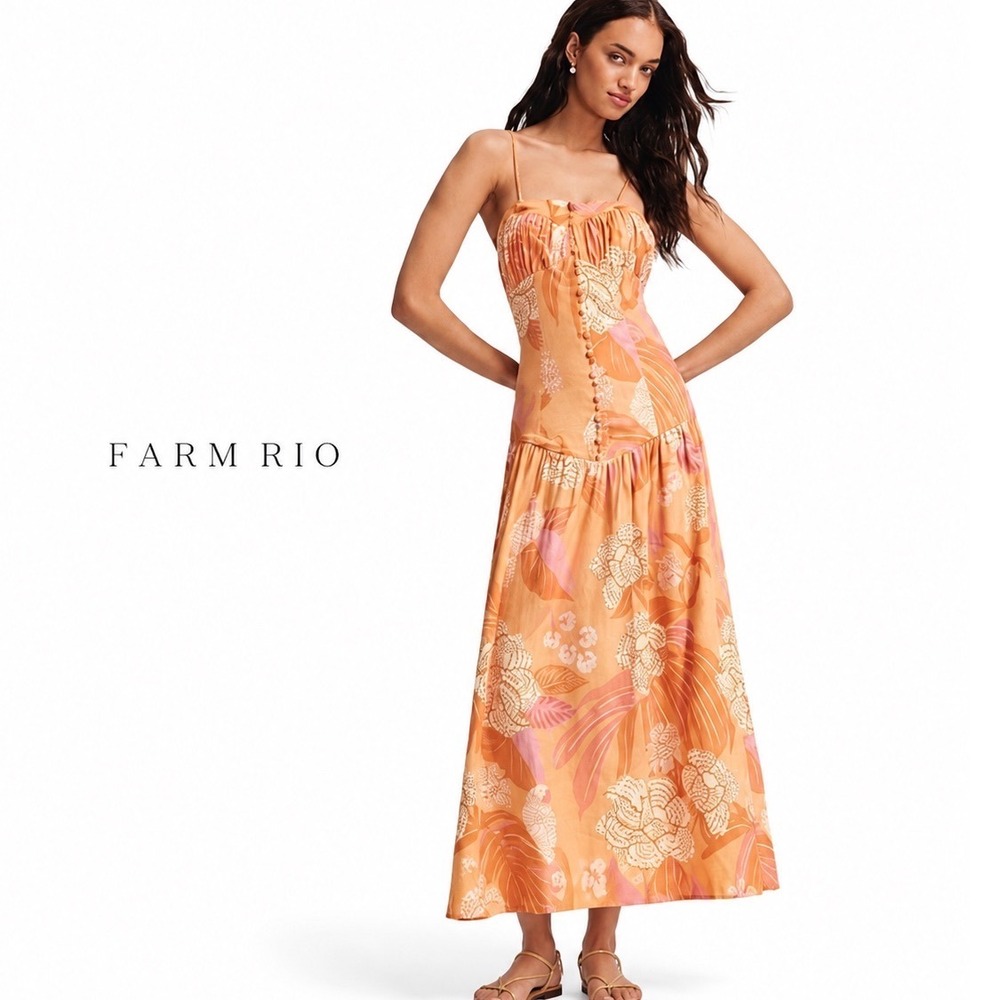 Farm Rio Floral Midi Dress Orange Pink